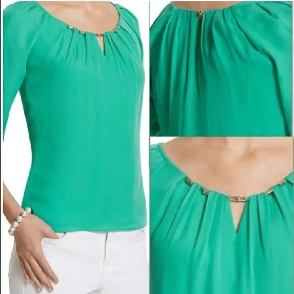 WHBM Sea Green Silk Blouse w/ Silver Bead Neckline Size Medium